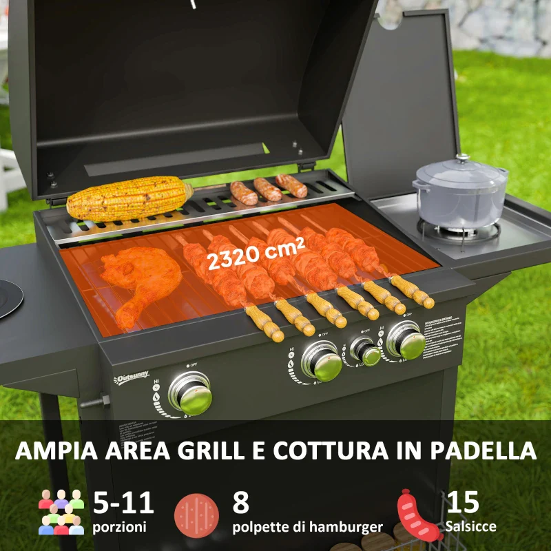 Outsunny Barbecue a Gas con Bruciatori Indipendenti, Coperchio con Termometro e Tavolino Laterale, Nero - Image 4