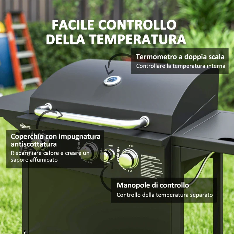 Outsunny Barbecue a Gas con Bruciatori Indipendenti, Coperchio con Termometro e Tavolino Laterale, Nero - Image 5