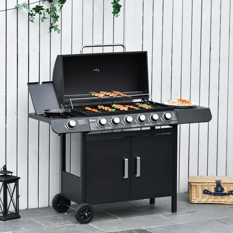 Outsunny Barbecue a Gas con Coperchio, 7 Bruciatori da 20kW, Fornello Laterale e 2 Ruote, 135x50x100 cm, Nero - Image 11