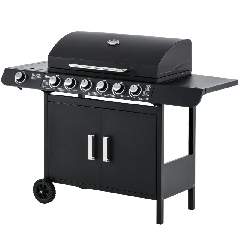 Outsunny Barbecue a Gas con Coperchio, 7 Bruciatori da 20kW, Fornello Laterale e 2 Ruote, 135x50x100 cm, Nero - Image 3