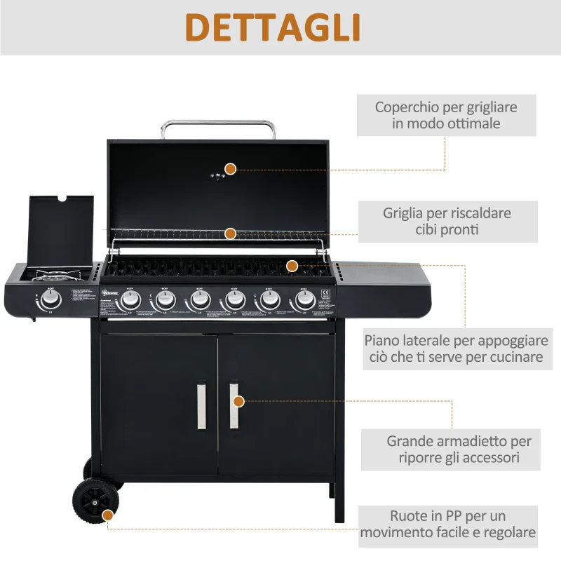 Outsunny Barbecue a Gas con Coperchio, 7 Bruciatori da 20kW, Fornello Laterale e 2 Ruote, 135x50x100 cm, Nero - Image 4