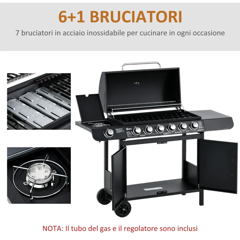 Outsunny Barbecue a Gas con Coperchio, 7 Bruciatori da 20kW, Fornello Laterale e 2 Ruote, 135x50x100 cm, Nero - Image 5