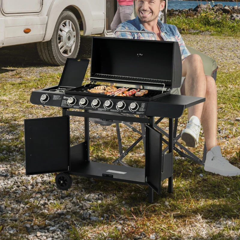 Outsunny Barbecue a Gas con Coperchio, 7 Bruciatori da 20kW, Fornello Laterale e 2 Ruote, 135x50x100 cm, Nero - Image 6