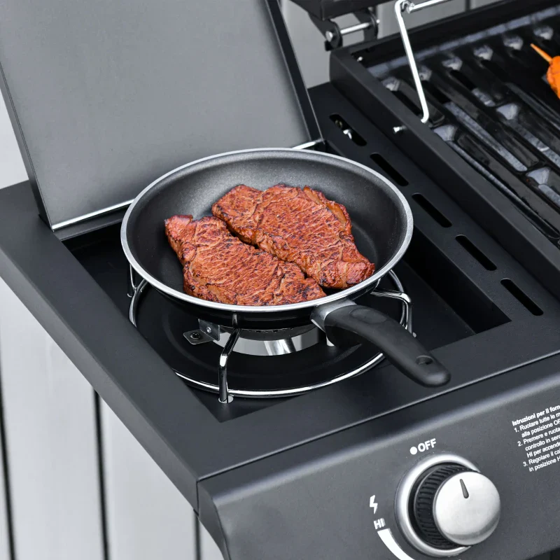 Outsunny Barbecue a Gas con Coperchio, 7 Bruciatori da 20kW, Fornello Laterale e 2 Ruote, 135x50x100 cm, Nero - Image 7