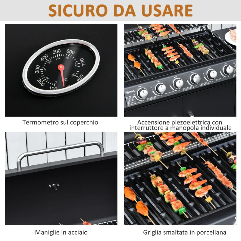 Outsunny Barbecue a Gas con Coperchio, 7 Bruciatori da 20kW, Fornello Laterale e 2 Ruote, 135x50x100 cm, Nero - Image 9