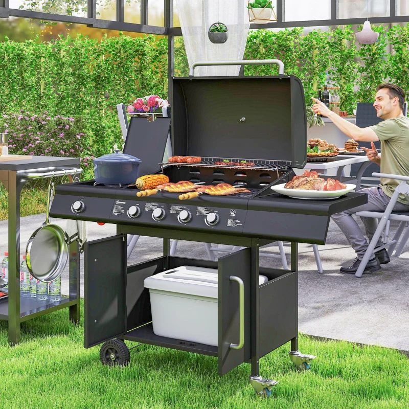 Outsunny Barbecue a Gas con Fornello Laterale, Tavolino e Armadietto, in Acciaio e PP, 129.5x56x110 cm, Nero - Image 2