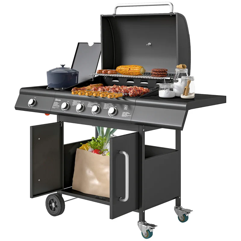 Outsunny Barbecue a Gas con Fornello Laterale, Tavolino e Armadietto, in Acciaio e PP, 129.5x56x110 cm, Nero - Image 3