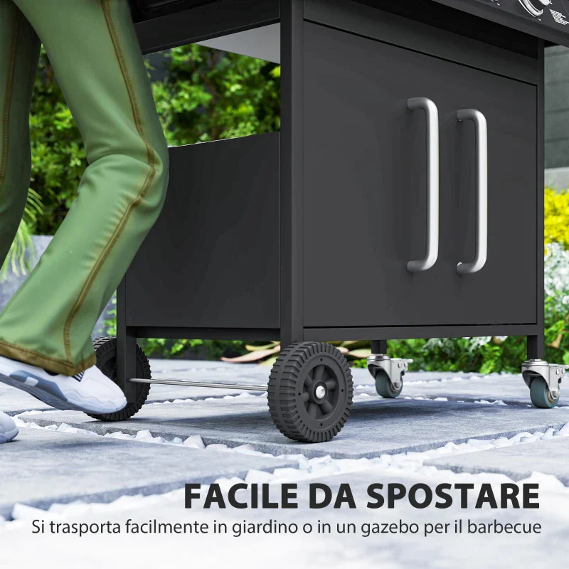 Outsunny Barbecue a Gas con Fornello Laterale, Tavolino e Armadietto, in Acciaio e PP, 129.5x56x110 cm, Nero - Image 4