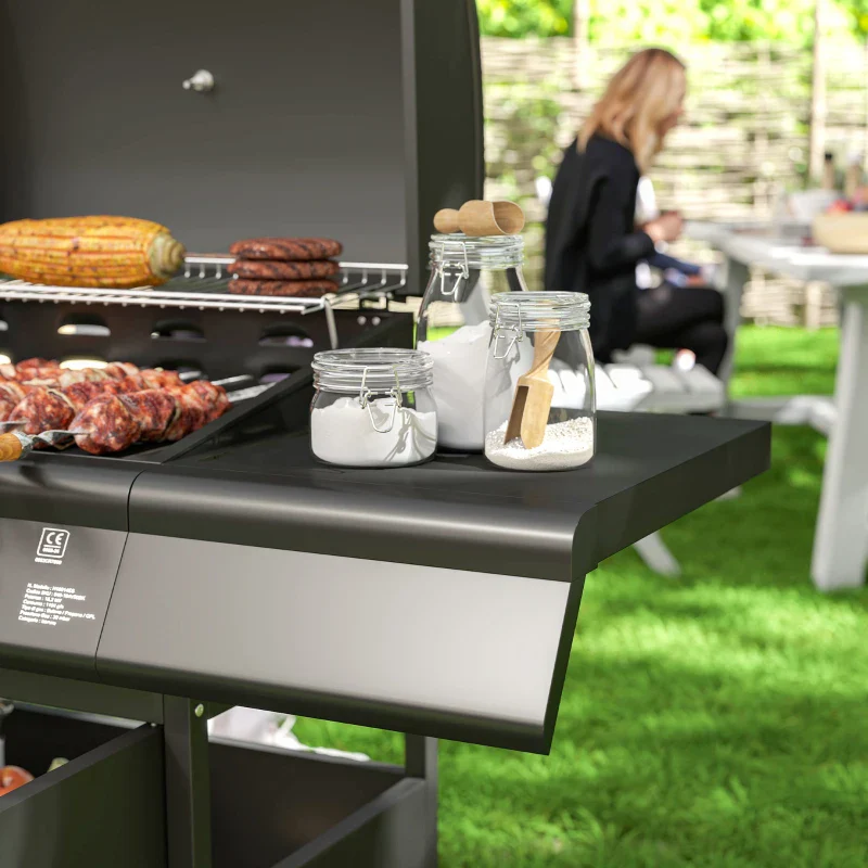 Outsunny Barbecue a Gas con Fornello Laterale, Tavolino e Armadietto, in Acciaio e PP, 129.5x56x110 cm, Nero - Image 5