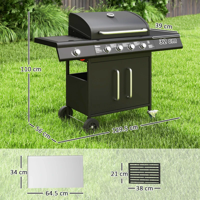 Outsunny Barbecue a Gas con Fornello Laterale, Tavolino e Armadietto, in Acciaio e PP, 129.5x56x110 cm, Nero - Image 6
