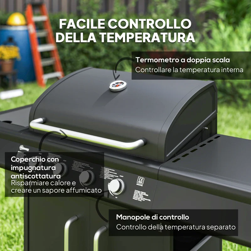 Outsunny Barbecue a Gas con Fornello Laterale, Tavolino e Armadietto, in Acciaio e PP, 129.5x56x110 cm, Nero - Image 7