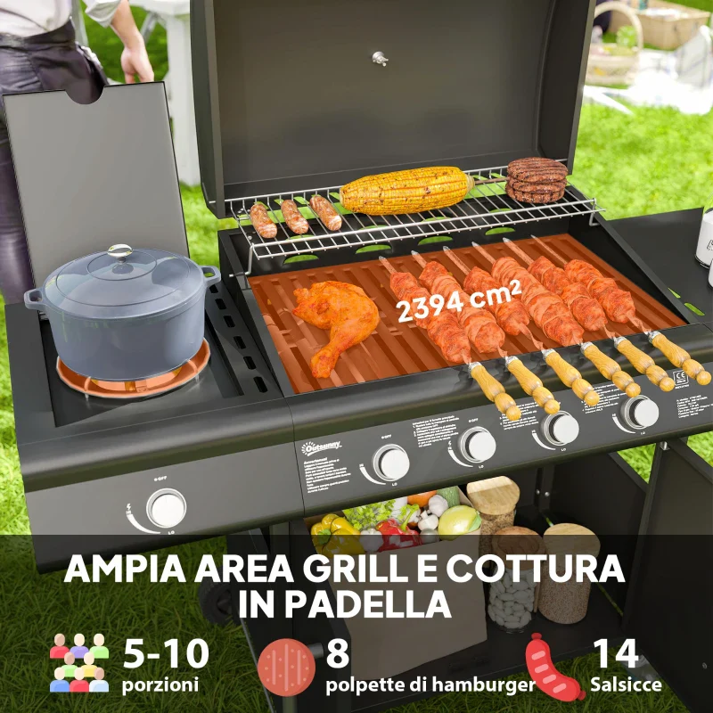 Outsunny Barbecue a Gas con Fornello Laterale, Tavolino e Armadietto, in Acciaio e PP, 129.5x56x110 cm, Nero - Image 8