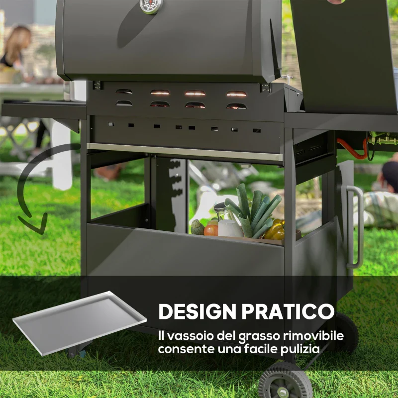 Outsunny Barbecue a Gas con Fornello Laterale, Tavolino e Armadietto, in Acciaio e PP, 129.5x56x110 cm, Nero - Image 9