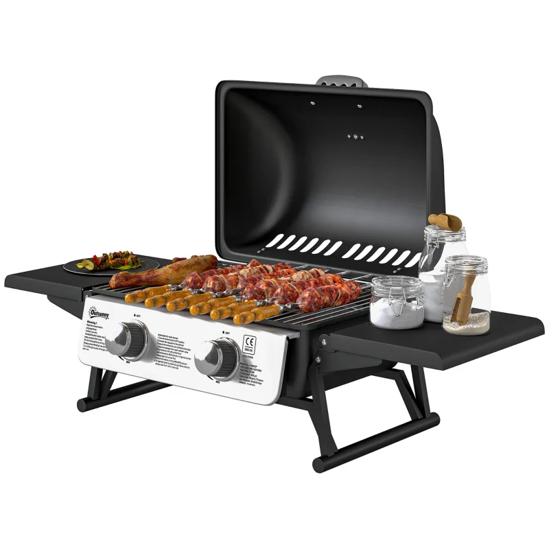 Outsunny Barbecue a Gas Portatile con 2 Bruciatori e Coperchio con Termometro, Nero - Image 2