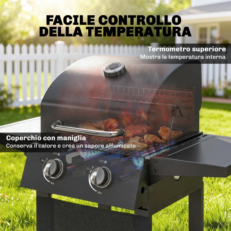 Outsunny Barbecue a Gas Propano con 2 Bruciatori, Portatile, Termometro, Nero - Image 5
