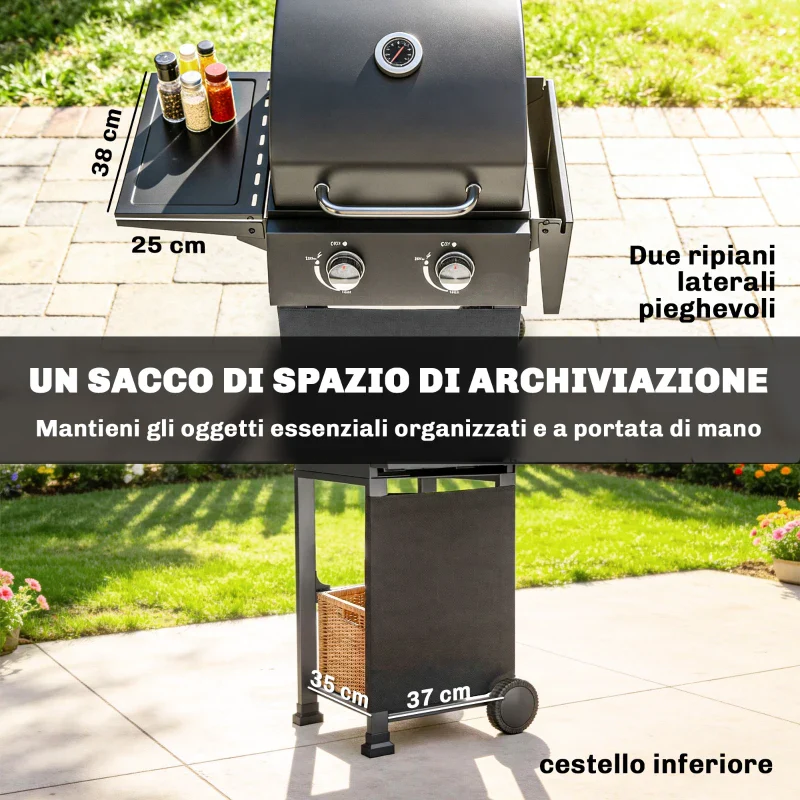 Outsunny Barbecue a Gas Propano con 2 Bruciatori, Portatile, Termometro, Nero - Image 9
