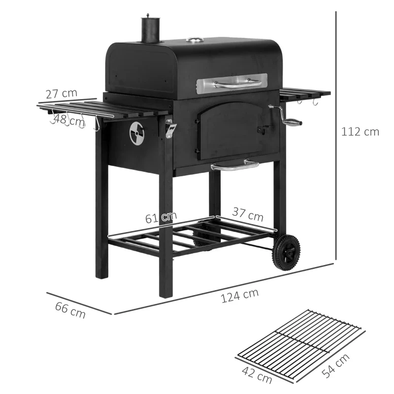 Outsunny Barbecue da Giardino a 2 Ruote con Griglia, Affumicatore e Fornello, in Metallo e Ghisa, 124x66x112 cm, Nero - Image 3