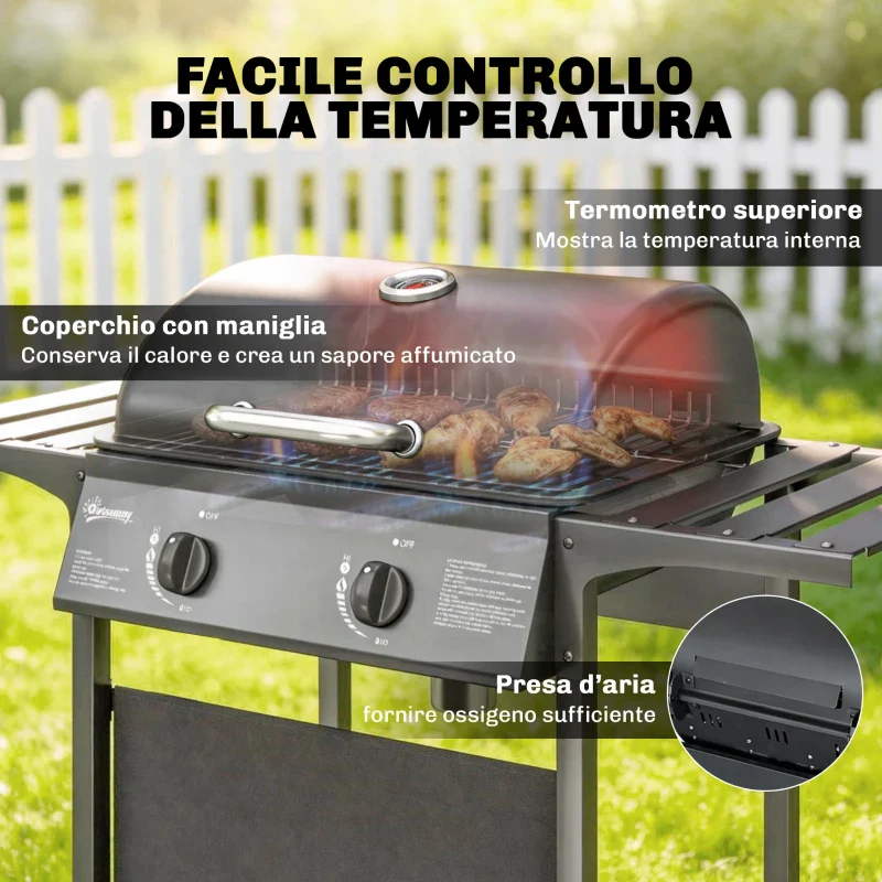 Outsunny Barbecue Gas, 2 Bruciatori, Tavolini Laterali, Vassoio Raccogli Grassi, Nero. - Image 10