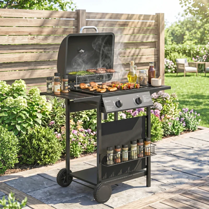 Outsunny Barbecue Gas, 2 Bruciatori, Tavolini Laterali, Vassoio Raccogli Grassi, Nero. - Image 11