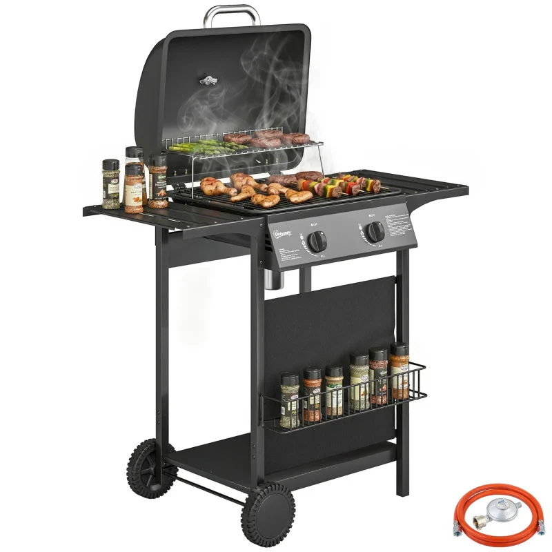 Outsunny Barbecue Gas, 2 Bruciatori, Tavolini Laterali, Vassoio Raccogli Grassi, Nero. - Image 2