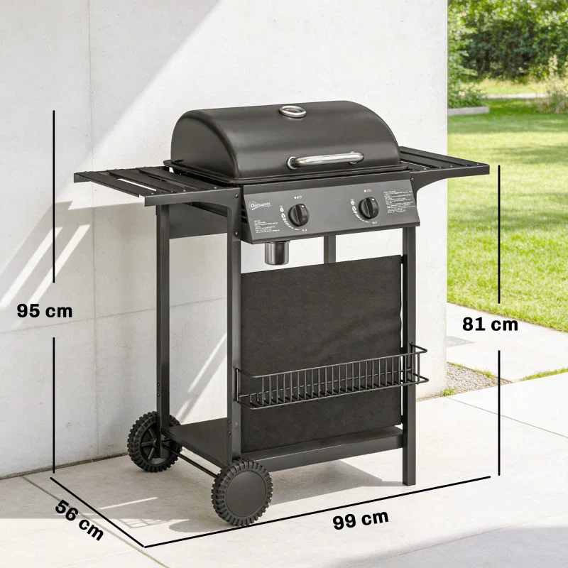 Outsunny Barbecue Gas, 2 Bruciatori, Tavolini Laterali, Vassoio Raccogli Grassi, Nero. - Image 4