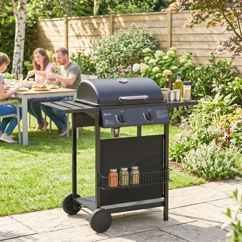 Outsunny Barbecue Gas, 2 Bruciatori, Tavolini Laterali, Vassoio Raccogli Grassi, Nero. - Image 5