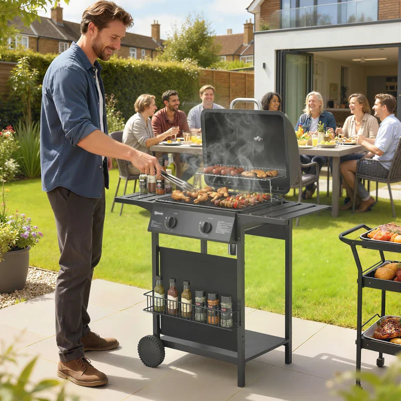 Outsunny Barbecue Gas, 2 Bruciatori, Tavolini Laterali, Vassoio Raccogli Grassi, Nero. - Image 6