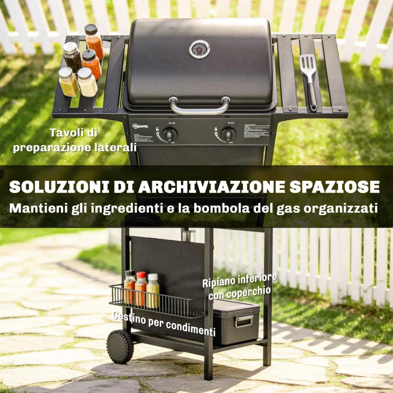 Outsunny Barbecue Gas, 2 Bruciatori, Tavolini Laterali, Vassoio Raccogli Grassi, Nero. - Image 7