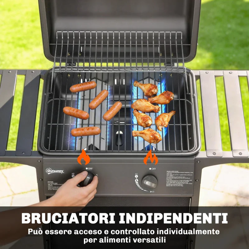Outsunny Barbecue Gas, 2 Bruciatori, Tavolini Laterali, Vassoio Raccogli Grassi, Nero. - Image 8