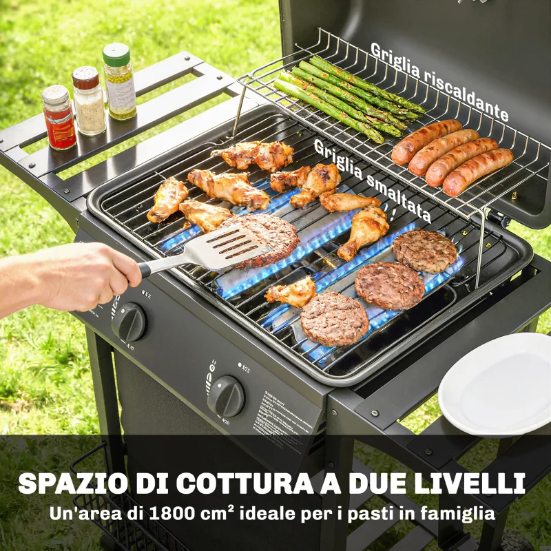 Outsunny Barbecue Gas, 2 Bruciatori, Tavolini Laterali, Vassoio Raccogli Grassi, Nero. - Image 9