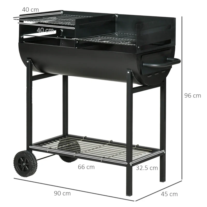Outsunny Barbecue in Acciaio con 2 Griglie Indipendenti, 2 Ruote e Ripiano Inferiore | Nero | 90cm x 45cm x 96cm - Image 3