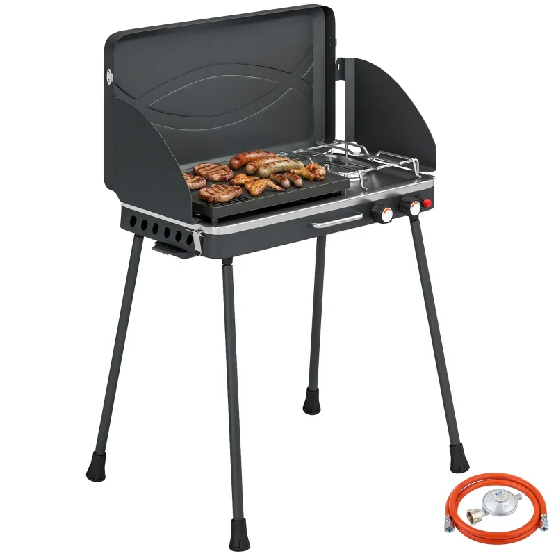 Outsunny BBQ a Gas Propano Portatile 2-in-1 con Griglia e Fornello, 7KW, Nero - Image 4