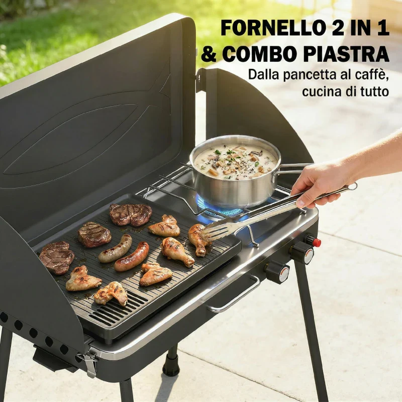 Outsunny BBQ a Gas Propano Portatile 2-in-1 con Griglia e Fornello, 7KW, Nero - Image 6
