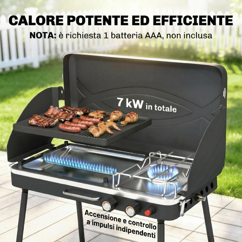 Outsunny BBQ a Gas Propano Portatile 2-in-1 con Griglia e Fornello, 7KW, Nero - Image 8
