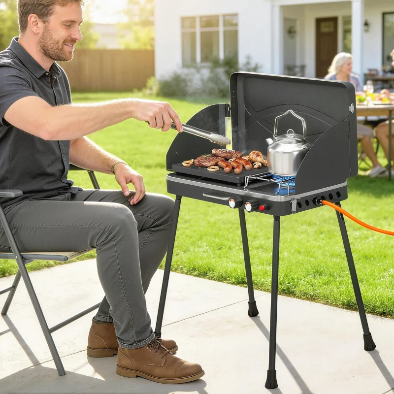 Outsunny BBQ a Gas Propano Portatile 2-in-1 con Griglia e Fornello, 7KW, Nero - Image 9
