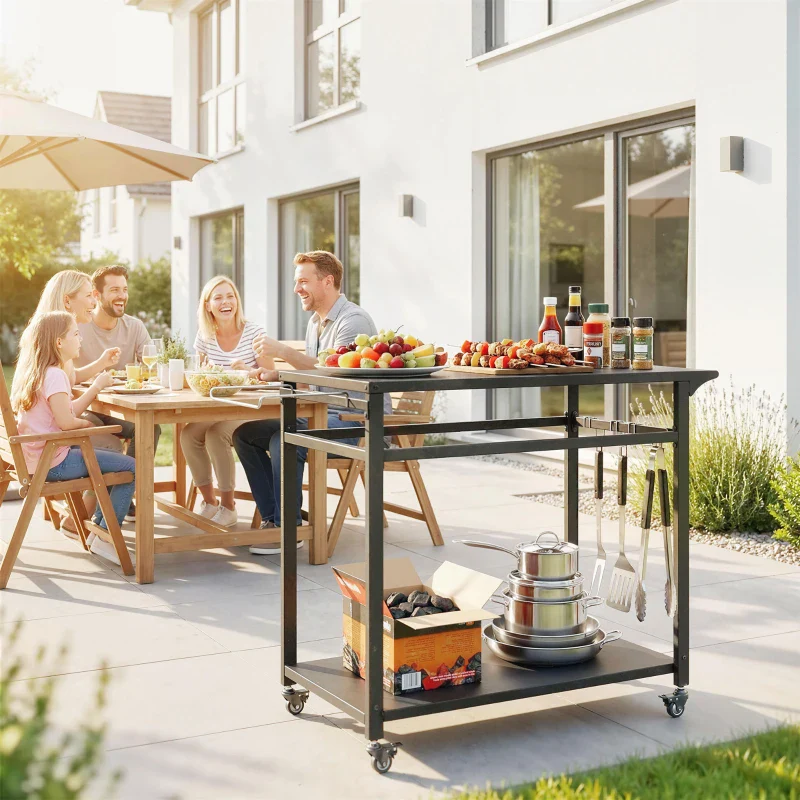 Outsunny Carrello Barbecue, 2 Ripiani, Supporto Pizza, Portasacchi e Ganci, Nero. - Image 10