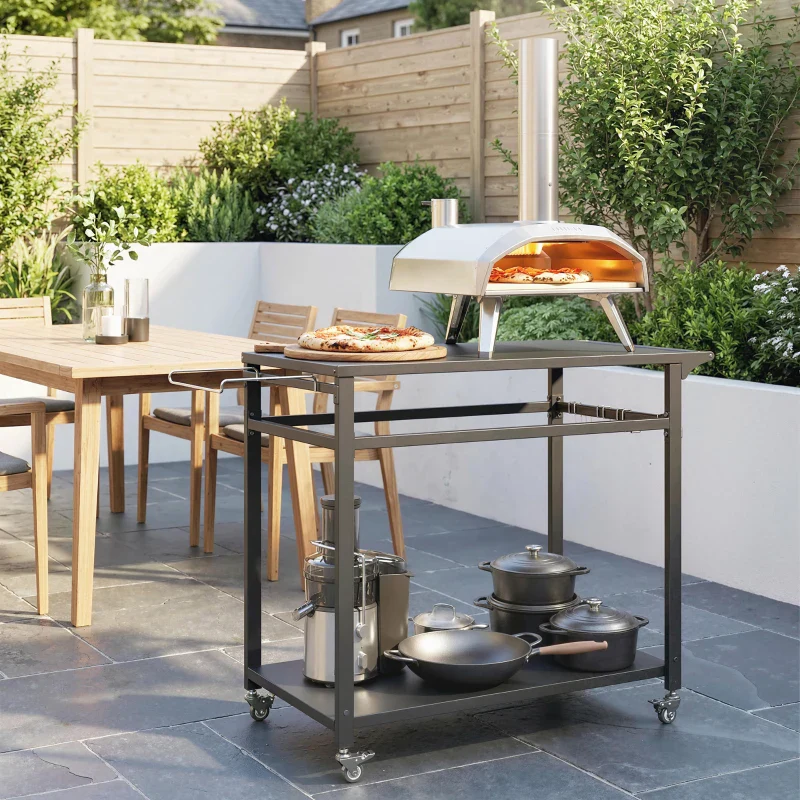 Outsunny Carrello Barbecue, 2 Ripiani, Supporto Pizza, Portasacchi e Ganci, Nero. - Image 11