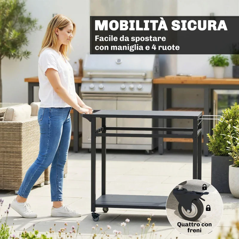 Outsunny Carrello Barbecue, 2 Ripiani, Supporto Pizza, Portasacchi e Ganci, Nero. - Image 8
