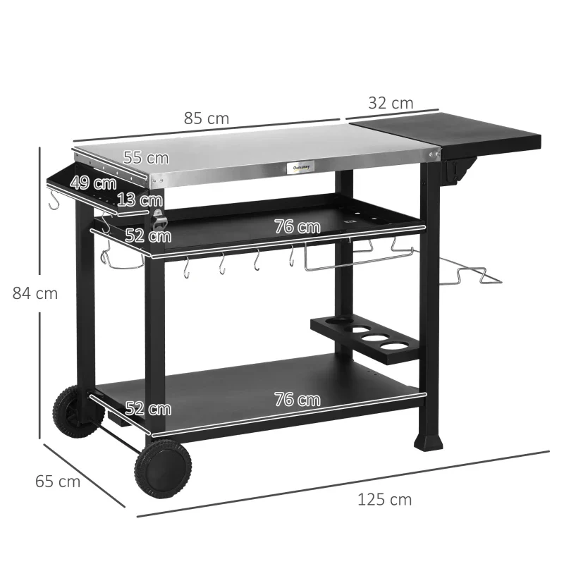 Outsunny Carrello Barbecue con Tavolino Pieghevole in Acciaio Inox, 2 Ruote e Accessori, 125x65x84 cm, Nero - Image 3