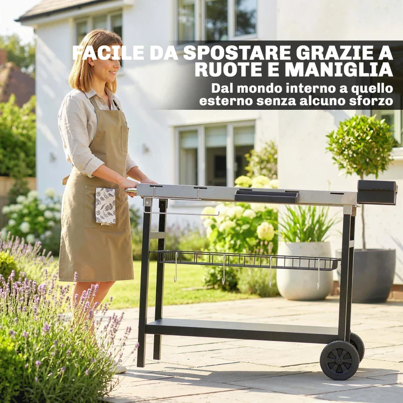 Outsunny Carrello Barbecue da Esterno con Piano in Acciaio Inossidabile, Porta Spezie, Ganci e Maniglia Laterale, Nero - Image 11