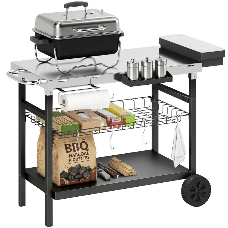 Outsunny Carrello Barbecue da Esterno con Piano in Acciaio Inossidabile, Porta Spezie, Ganci e Maniglia Laterale, Nero - Image 3