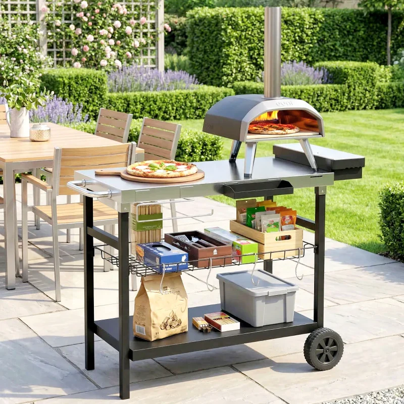 Outsunny Carrello Barbecue da Esterno con Piano in Acciaio Inossidabile, Porta Spezie, Ganci e Maniglia Laterale, Nero - Image 6