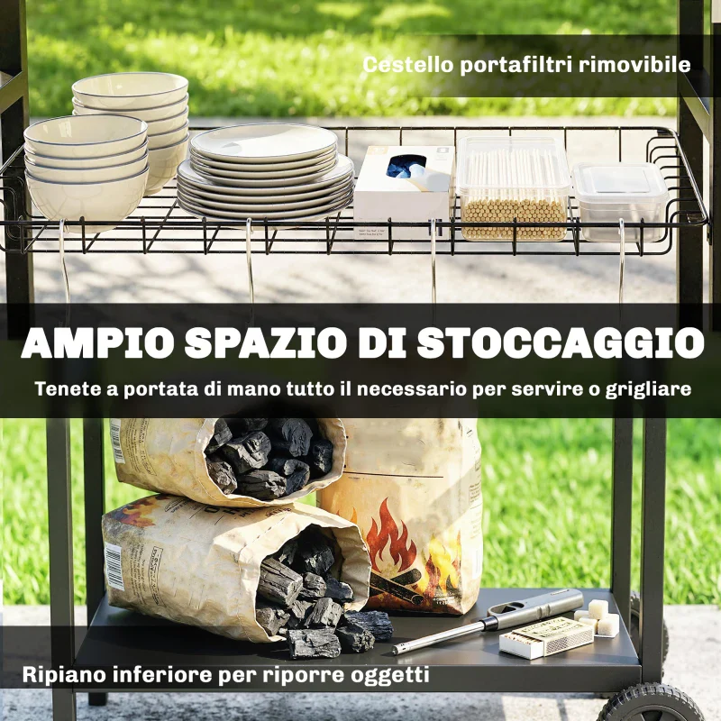 Outsunny Carrello Barbecue da Esterno con Piano in Acciaio Inossidabile, Porta Spezie, Ganci e Maniglia Laterale, Nero - Image 7