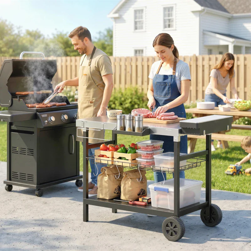 Outsunny Carrello Barbecue da Esterno con Piano in Acciaio Inossidabile, Porta Spezie, Ganci e Maniglia Laterale, Nero - Image 8