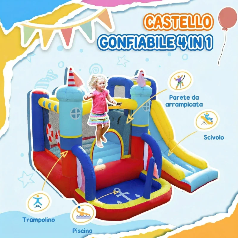 Outsunny Castello Gonfiabile 4 in 1 Bimbi 3-8 Anni, Scivolo e Piscina, 265x260x200cm - Image 3