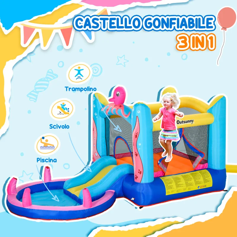 Outsunny Castello Gonfiabile Gigante e Rimbalzante per Bambini 3-8 Anni con Scivolo, Piscina e Gonfiatore 3.6x1.75x1.8m - Image 8