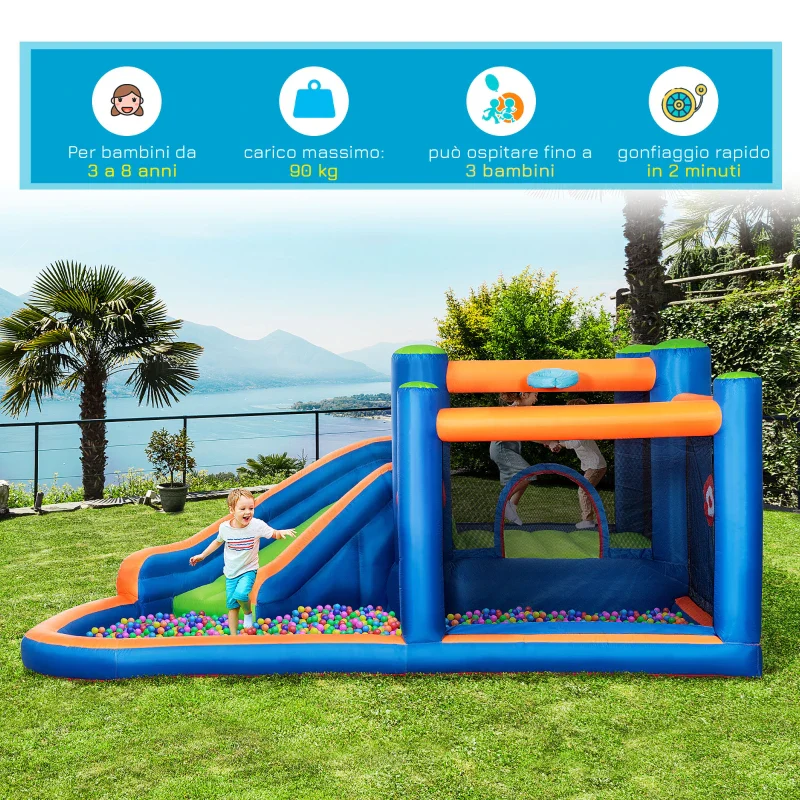 Outsunny Castello Gonfiabile per Bambini 3-8 Anni con Scivolo, Trampolino e Piscina, 380x340x170cm - Image 3