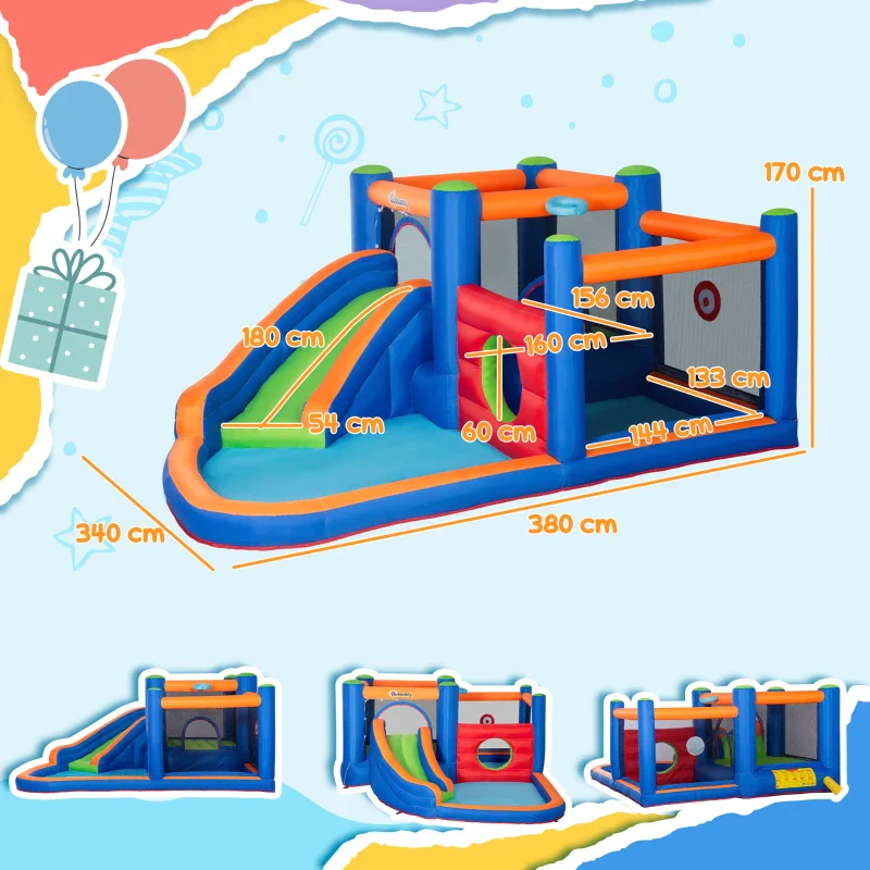 Outsunny Castello Gonfiabile per Bambini 3-8 Anni con Scivolo, Trampolino e Piscina, 380x340x170cm - Image 5