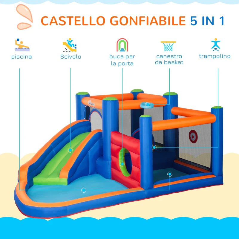 Outsunny Castello Gonfiabile per Bambini 3-8 Anni con Scivolo, Trampolino e Piscina, 380x340x170cm - Image 7