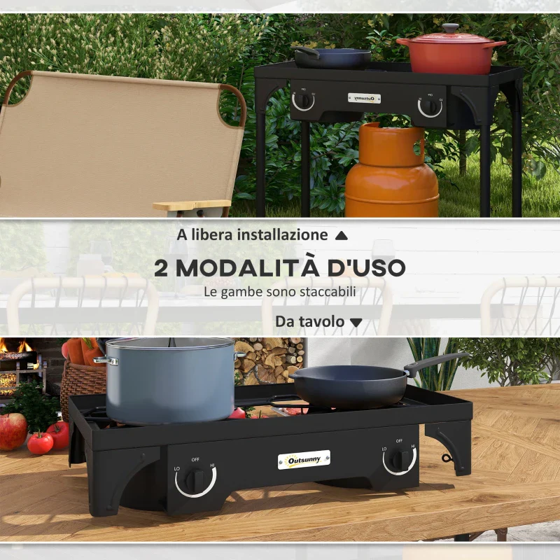 Outsunny Fornello a Gas da Campeggio con 2 Bruciatori 150,000 BTU in Metallo con Gambe Rimovibili, Nero - Image 10